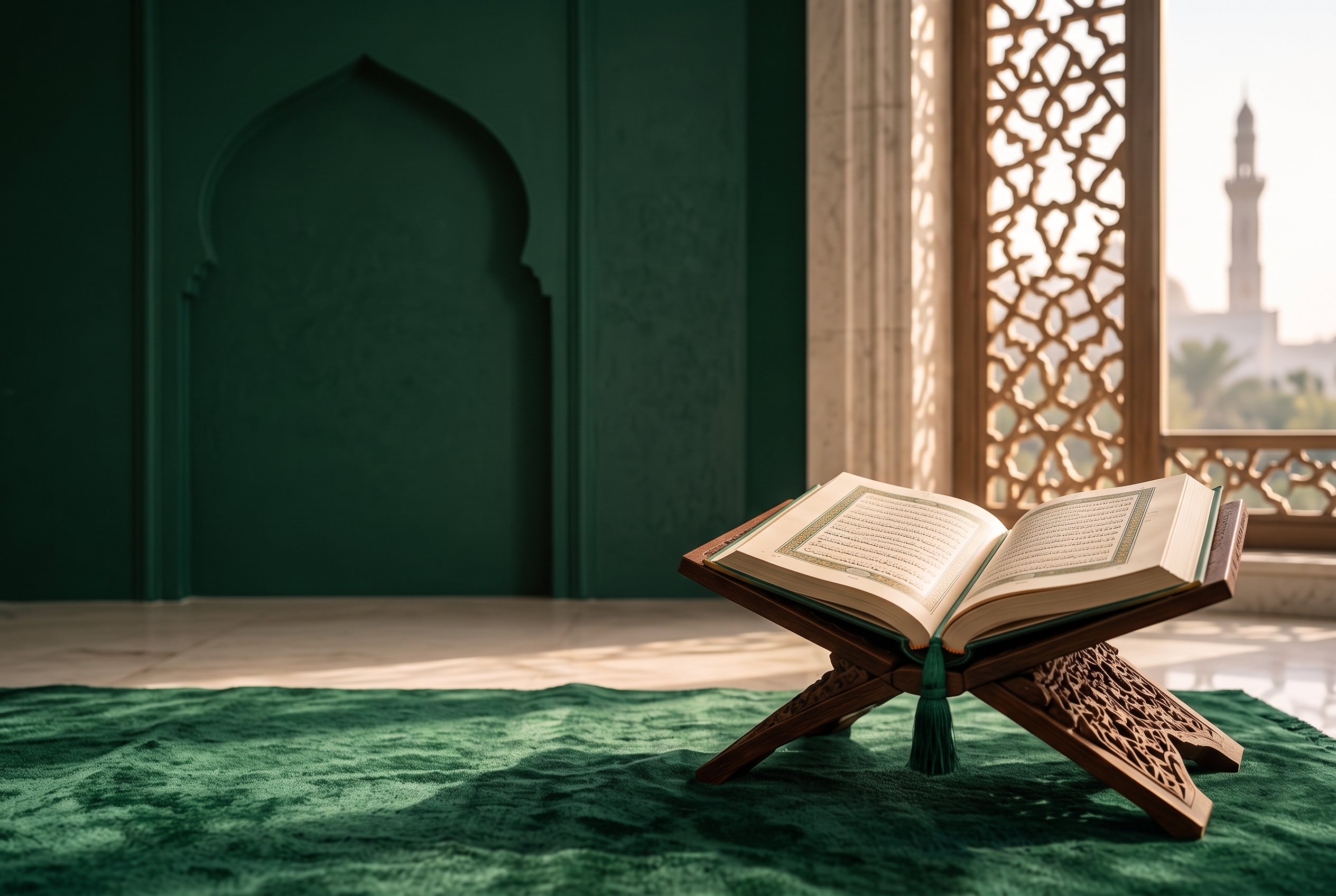An open Quran on a carved wooden stand beside a sunlit Islamic arch